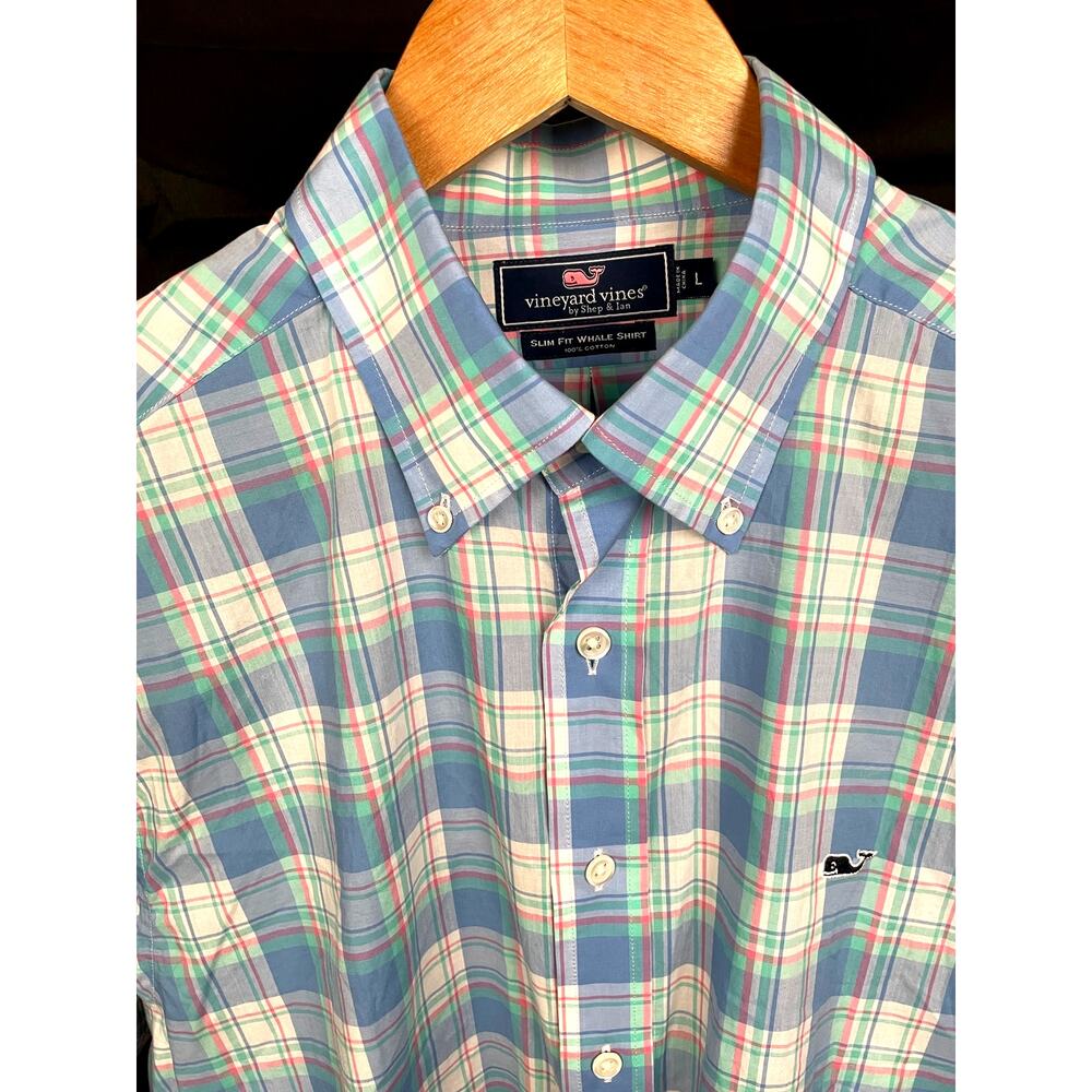 Vineyard Vines Slim Fit Blue Green Plaid Whale Button Down Shirt L